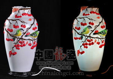 红果麻雀台灯收藏品手绘手捏中国龙瓷陶瓷工艺品